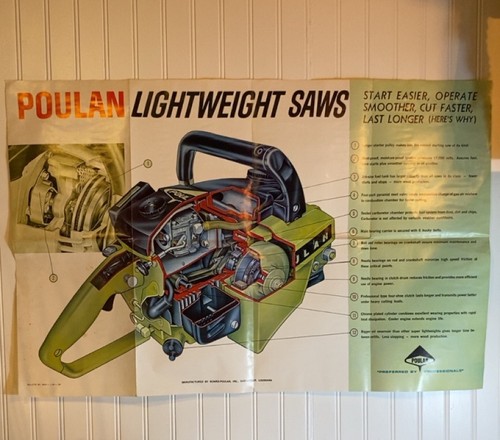 Vintage POULAN Advertising Sign Lightweight Saws Original Green 34" x 22"
