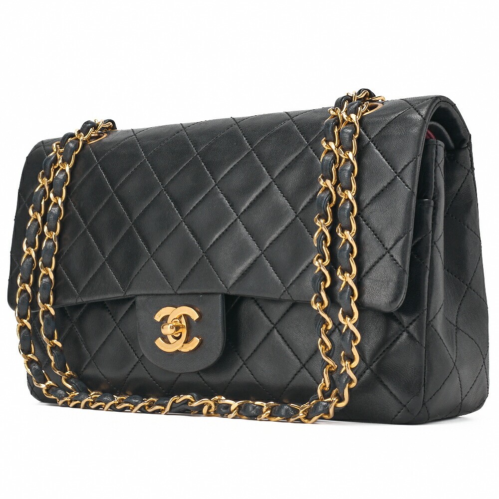 CHANEL Matelasse Double Flap 25cm Lambskin Black Shoulder Bag with Chain 69752