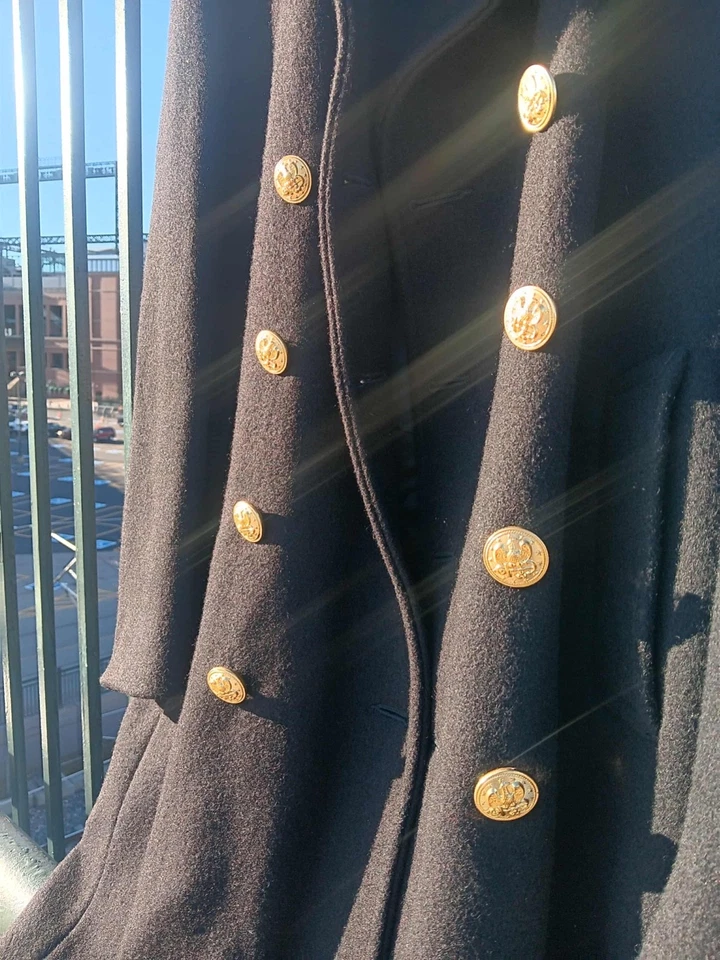 Abrigo Puente Azul Marino EE. UU. Chaquetón Negro 100% Lana Pesado Águila Botones Dorados  Foto 4 de 4