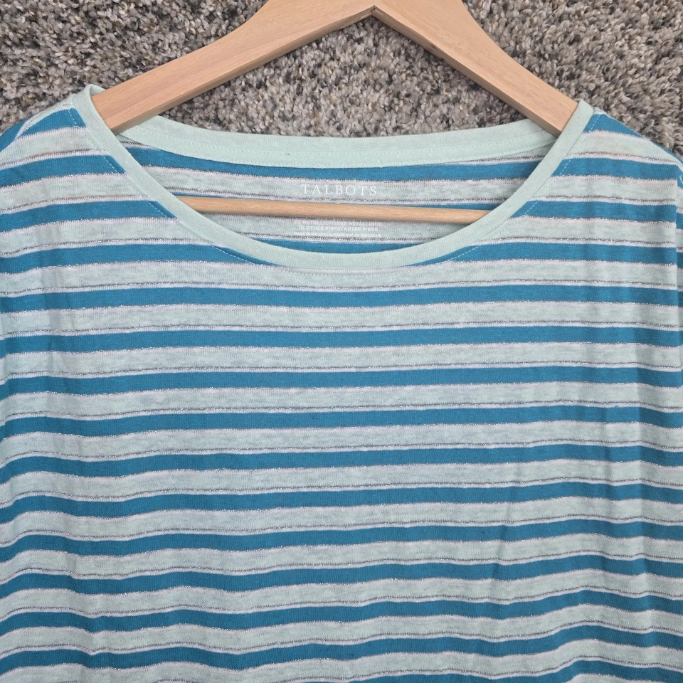 Talbots Top Womens Small Blue Striped Linen Blend Crew Neck Short Sleeve Tee - Image 4 of 4