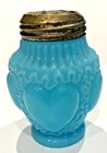 Early American Heart Pattern Blue Milk Glass Salt and Pepper Shaker Vintage