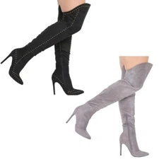 Womens Thigh High Boots Ladies Over The Knee Stiletto Zip Up Heels Studded Shoes
