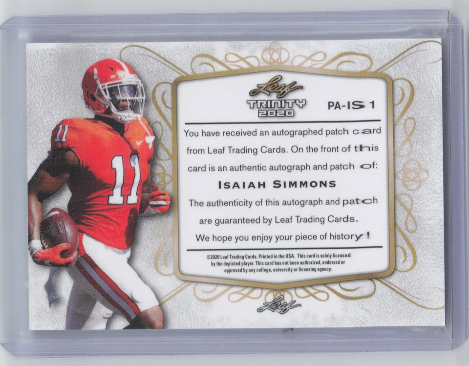 Is1 Patch 2020 Leaf Trinity #PA-IS1 Isaiah Simmons Patch Autographs Platinum #/50 ...