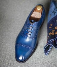 Handmade Men's Blue Leather Oxford Shoe, Round Cap Toe Lace Up Stylish men Shoes