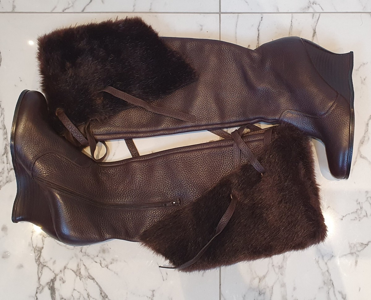 JLO by Jennifer Lopez Knee High Brown Leather Boots with Fur Trim