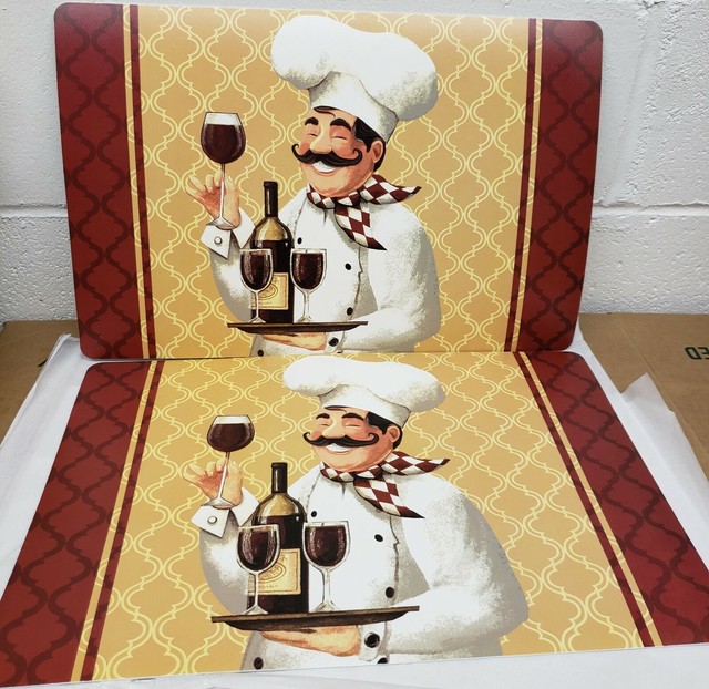 2 Vinyl w/Foam Back Placemats (12" x 18") FAT CHEF WITH WINE BOTTLES ON