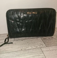 Authentic Miu Miu Long Zip up Wallet Black Gold Used Lambskin Leather