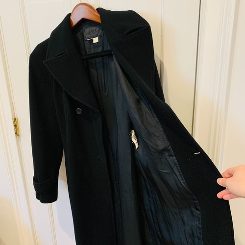 RARE ZARA Vtg Black Wool Cashmere Alpaca Blend Long Coat Jacket - Belted Size 6 - Picture 5 of 22