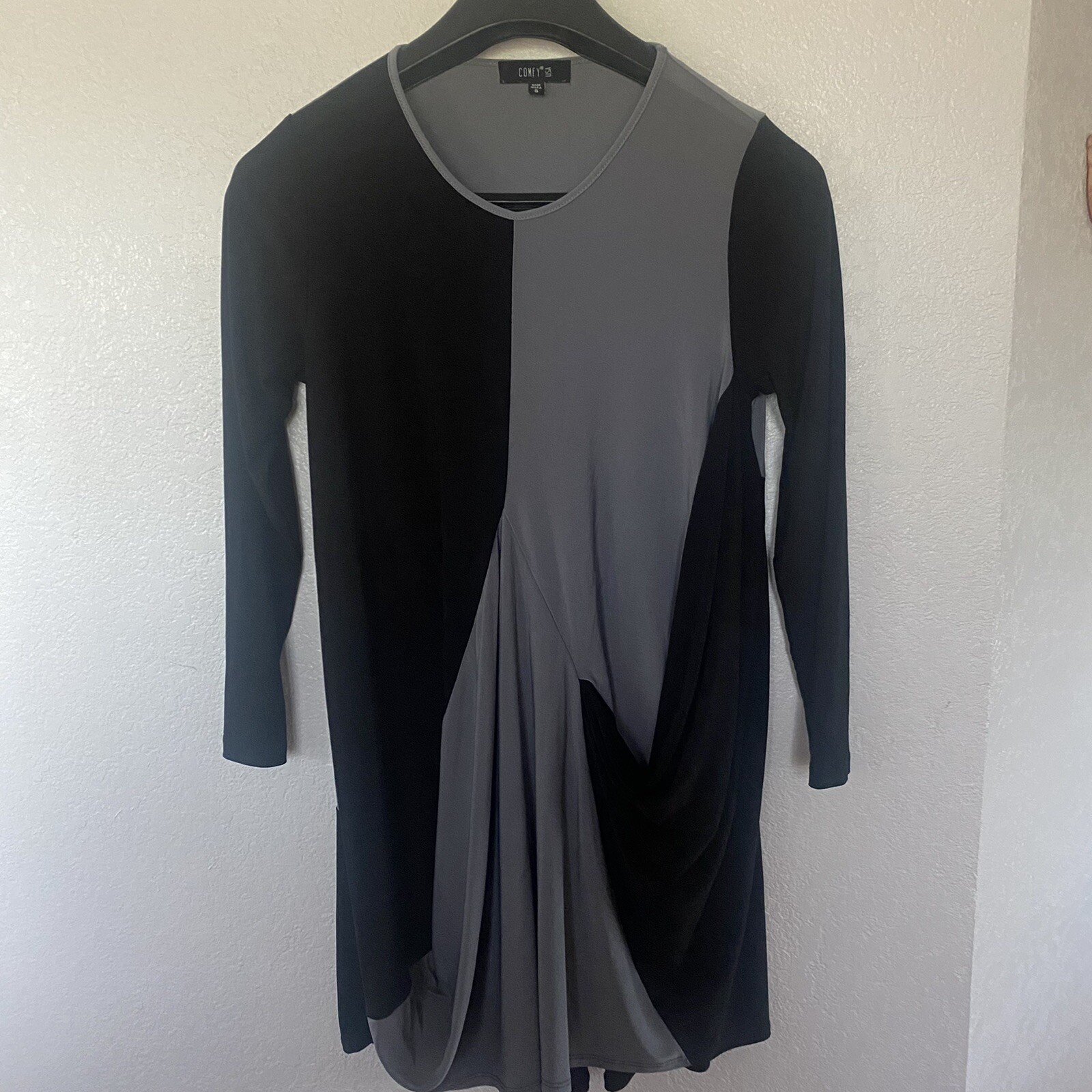 Comfy USA Womens Black/Gray Asymmetrical Hem Lagenlook Comfort Pocket Dress Sz S