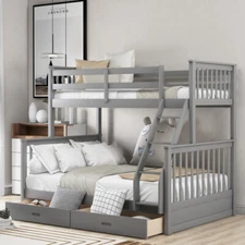 Twin Over Full  Bunk Bed W/ Storage Drawers Wood Platform Beds Bedroom Furniture