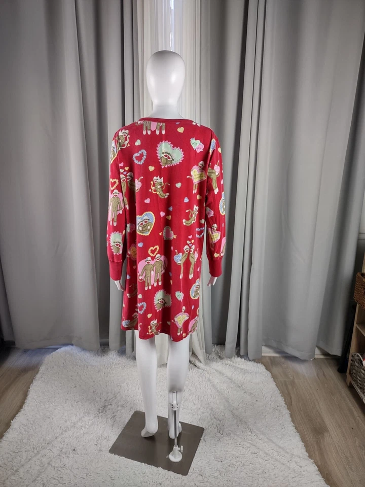 Nick & Nora Sock Monkey & Hearts Valentines 5 Button Nightgown Sleepwear Size XL - Image 4 of 4