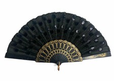 New Handmade Ladies Black Peacock Pattern Sequin Fabric Hand Fan - 020