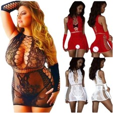 Lingerie Fishnet Mini Dress Women Underwear Lace Babydoll Sleepwear Crotch-Less