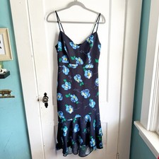 Banana Republic Navy Floral Sleevless Dress Ruffle Slight High Low Hemline 2 Two
