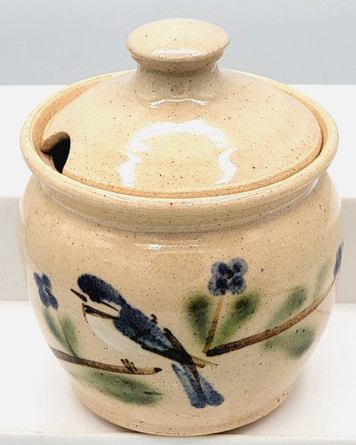 Blue Bird Pottery Stoneware Bluebirds with floral design Signed Honey bowl jar