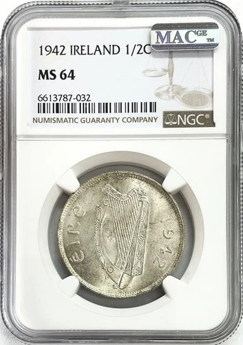 1942 SILVER REPUBLIC IRELAND 1/2 CROWN HORSE COIN NGC MINT STATE 64