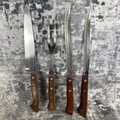 Vtg EKCO Flint Vanadium 8'' Serrated  Slicer Chef Knife Carving Fork Wood Handles