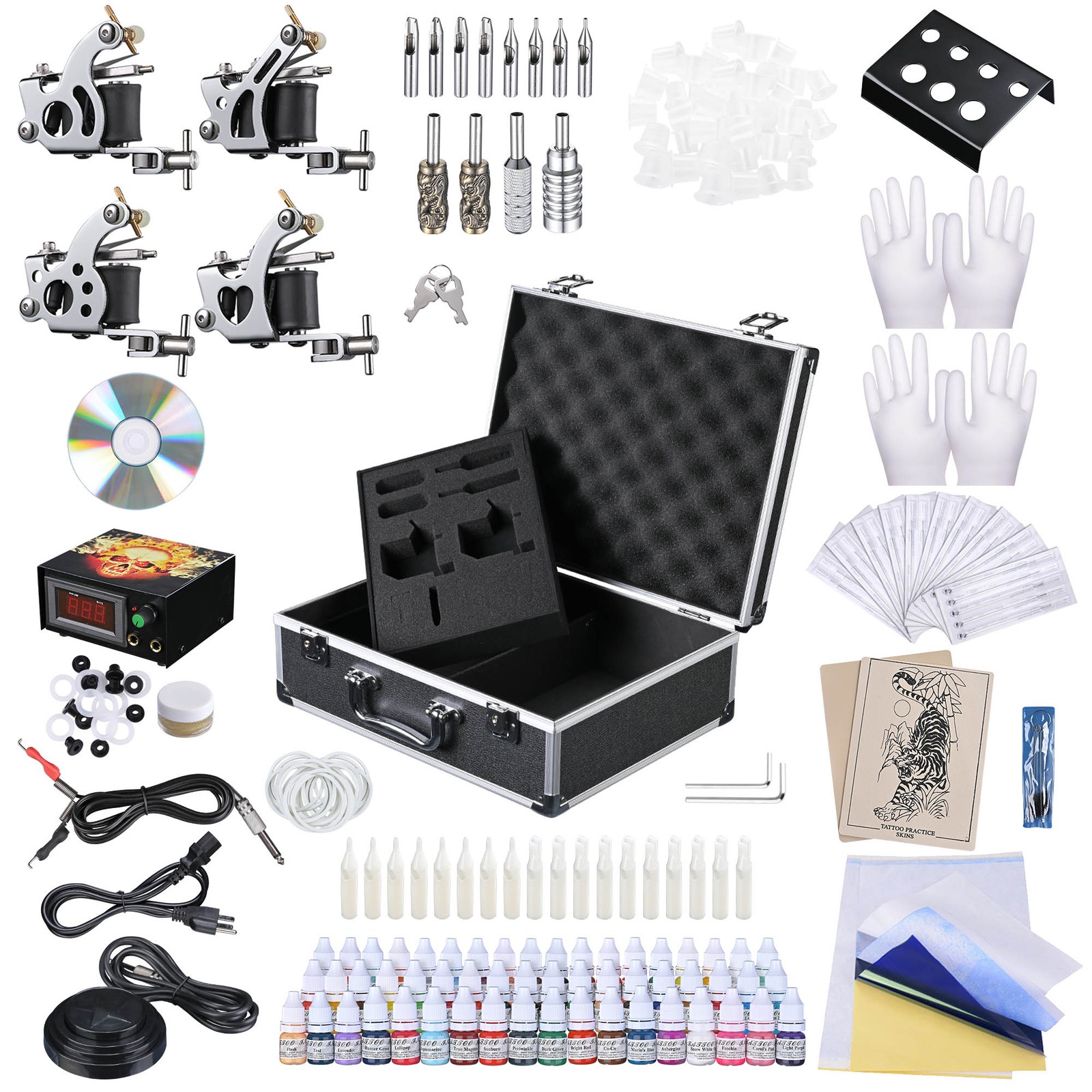 Complete Tattoo Machine Kit 4 Guns 54 Ink Power Supply Needles Grip Tip w/ Case