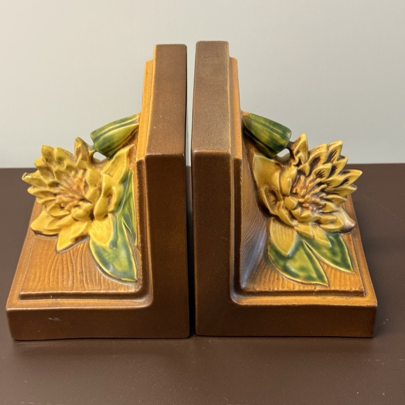 Vintage Roseville Bookends USA Pottery 12 Lily 1940s Brown Floral Yellow