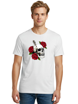 Skull-With-Roses-And-Arrow Mens Graphic Tee, 100% Cotton, Casual Summer Wear