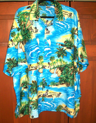 RIMA MEN'S PLUS 2X BRIGHT SILKY BLUE HAPPY ISLAND ARUBA VACATION SHORT SLV SHIRT