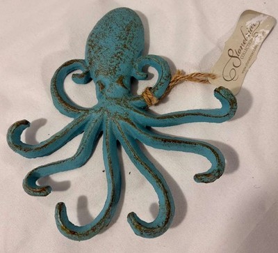 Cast Iron Turquoise Color Octopus Wall Hook Vtg Keys Jewelry Nautical Decor