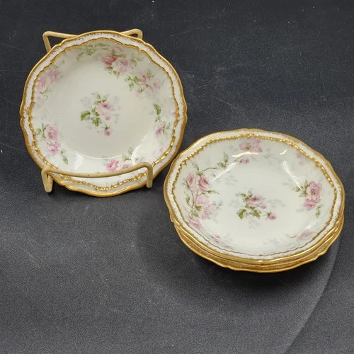 4 Limoges Obst Dessert Schalen 5,5" Die Ardennen Rosa Rosen Gold Haviland Frankreich - Bild 3 von 11