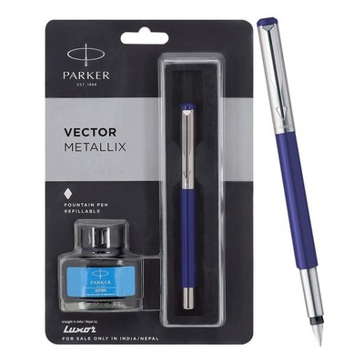 Parker Vector Mettalix Fountain Pen with Quink Ink Bottle | Ink Color Blue