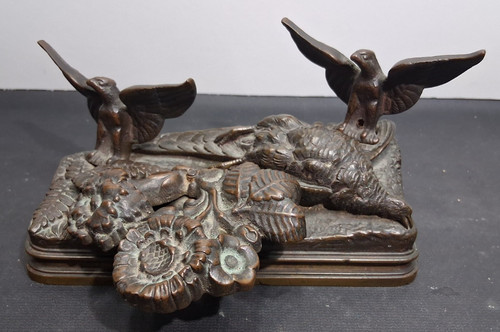 Antique Bronze Alfred Dubucand Lid? Hunting Birds Flowers Heavy Paper Weight