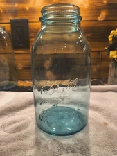 Vtg Antique Ball Perfect Mason Canning Jar Aqua Blue Glass Half Gal #1910 - 1933