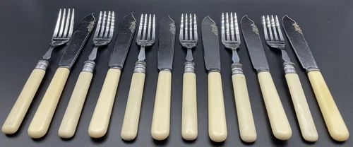 Vintage 12 Piece Faux Bone Handle Fish Cutlery Set - Chrome Plated - Picture 5 of 8