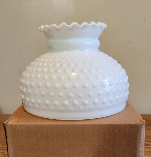 Vintage NOS White Hobnail Milk Glass Lamp Shade Ruffled Edge 7 3/4"  Fitter