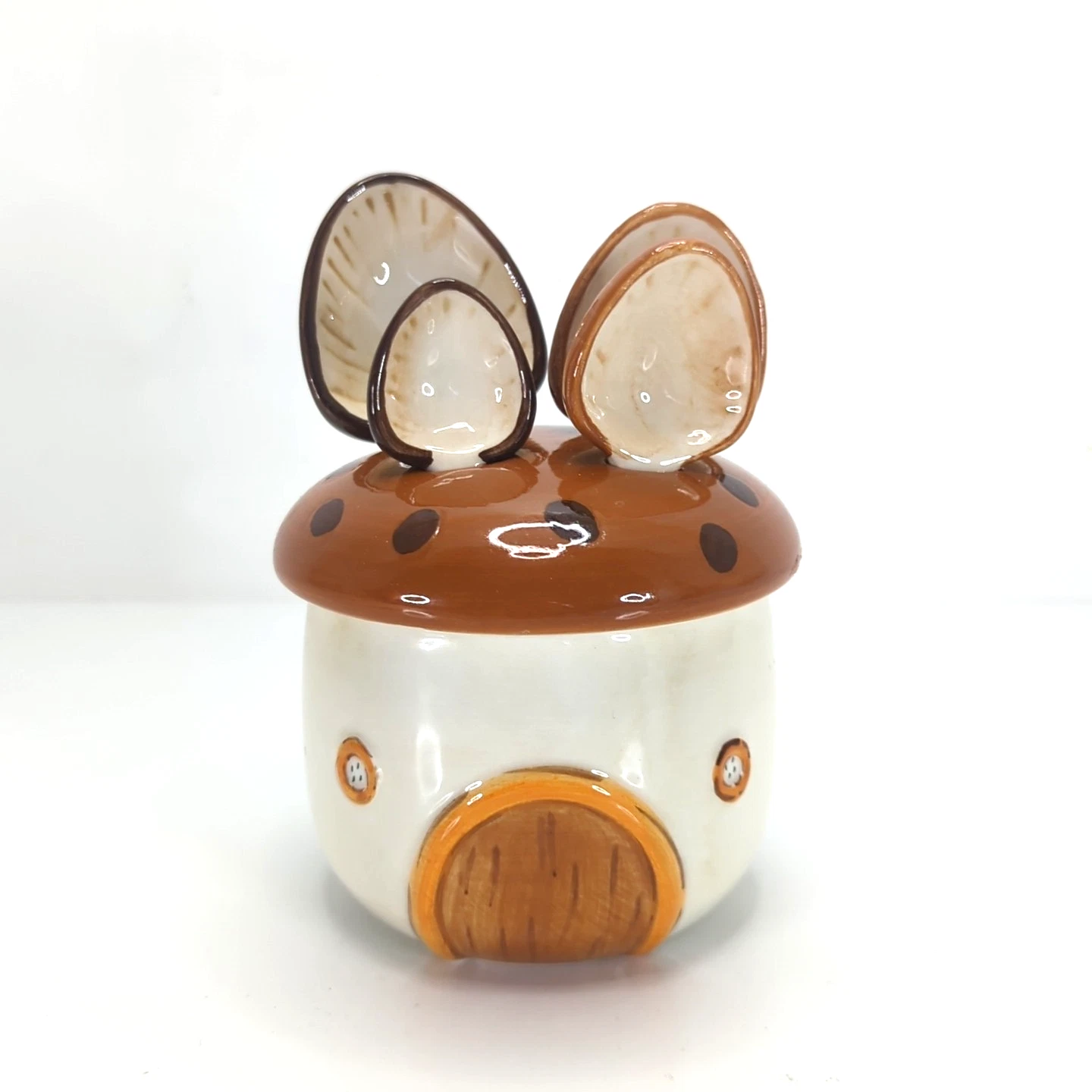 Porcelain Whimsical Mushroom 4 Measuring Spoons & House Cup Base w/ Lid 4"H Used
Opens in a new wind