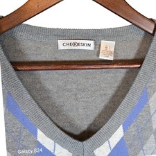 CHERESKIN Mens Argyle V Neck Sleeveless Sweater Vest Gray Blue L