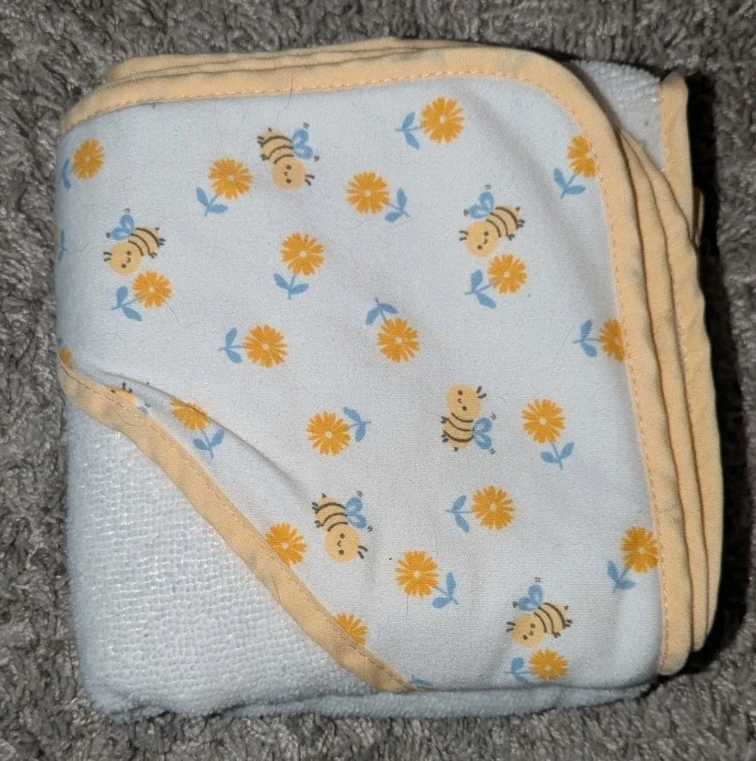 Baby Bath Bee Floral Blue Plaid Hooded Unisex Soft Towels Set Of 3 Never Used - Image 2 of 4