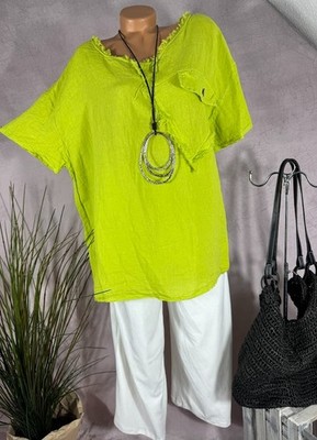 NEU  100 Leinen long Shirt  Fransen Italy Loose Fit kurzarm LIME 42 44 46