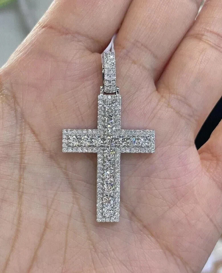 2.50 Ct Round Cut Real Moissanite Men's Cross Pendant 10k Solid White Gold - Image 3 of 3