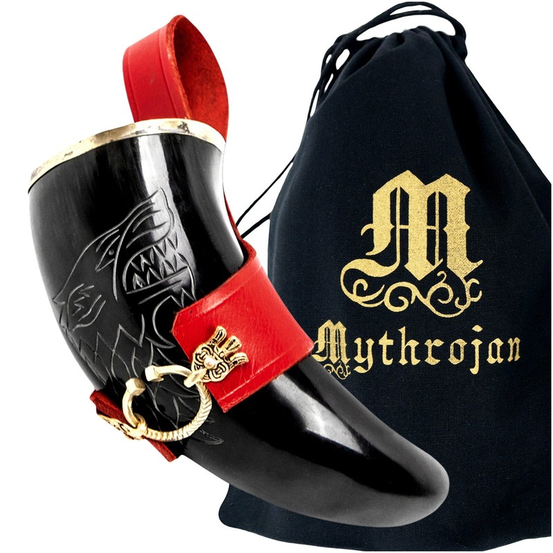 Ale Horn Viking Mug Wolf Drinking Mead Horn with Red Leather Strap Holder 300 ML