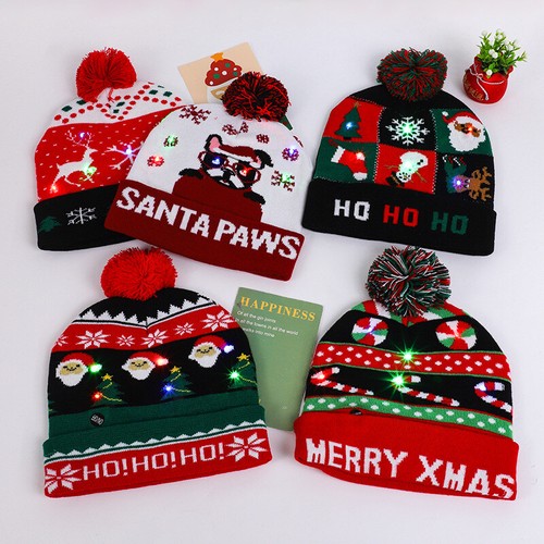 Christmas Knit Beanie Hat with Lights Xmas Santa Hat Snowflake Snowman Skull Cap - Picture 3 of 32