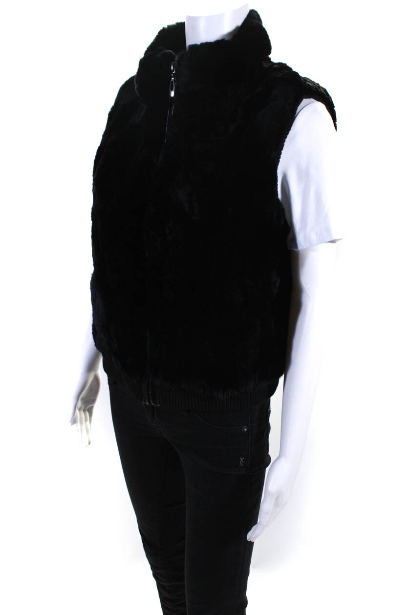 Oburla Womens Front Zip Rabbit Fur Vest Jacket Black Size Extra Small