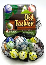 Net Bag 25 Old Fashion Glass Mega Marbles 24 Players  1 Shooter 2003 Retired 