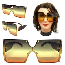 Oversized Retro Modern Shield Style SUNGLASSES Large Gold Brown Frame Ombre Lens
