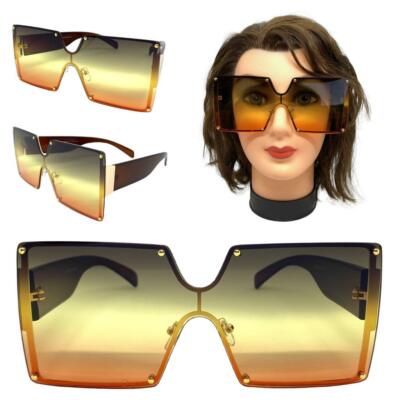 Übergröße Retro Moderne Shield Stil Sonnenbrille L Gold-Braun Rahmen Ombre Linse