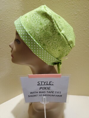 Daisies Lime Green Pixie Skull Women's Surgical Scrub Hat/Cap Handmade