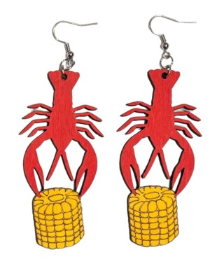 Wood Earrings - 3'' x 1.44'' - Crawfish w/ Corn - Scarlet/Sunburst - E124-0705