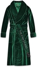 Men Smoking Robe Green Velvet Silk Warm Vintage Smoking Jacket
