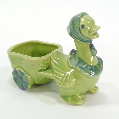 Vintage Shawnee Green Mother Goose & Cart Pottery Mini Planter - USA - #752