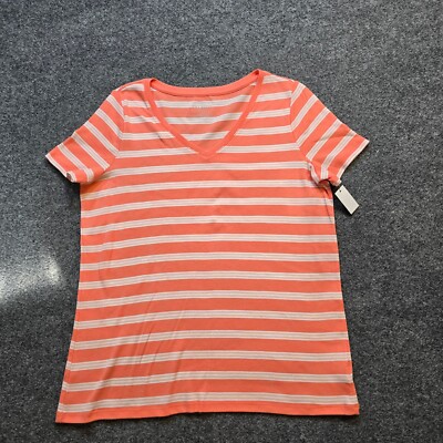 Talbots Top Women Size 0X Petite Orange White Striped Short Sleeve Casual Layer
