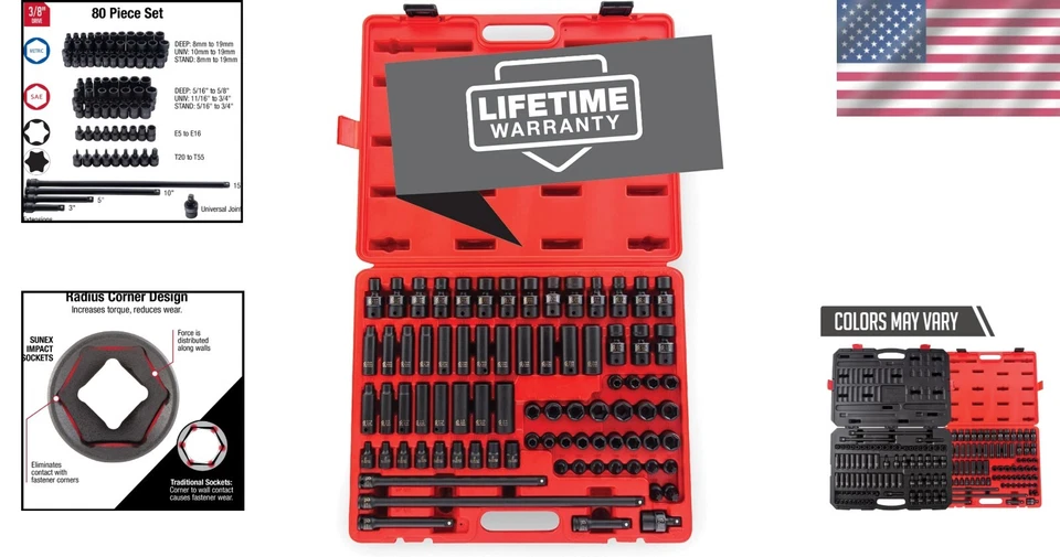 Sunex 80-Piece Cr-Mo Socket Set: 3/8" Drive SAE/Metric with Radius Corner Design - Image 2 of 4