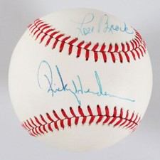 PSA Rickey Henderson Lou Brock Signed Autographed Baseball All Time Stolen Bases